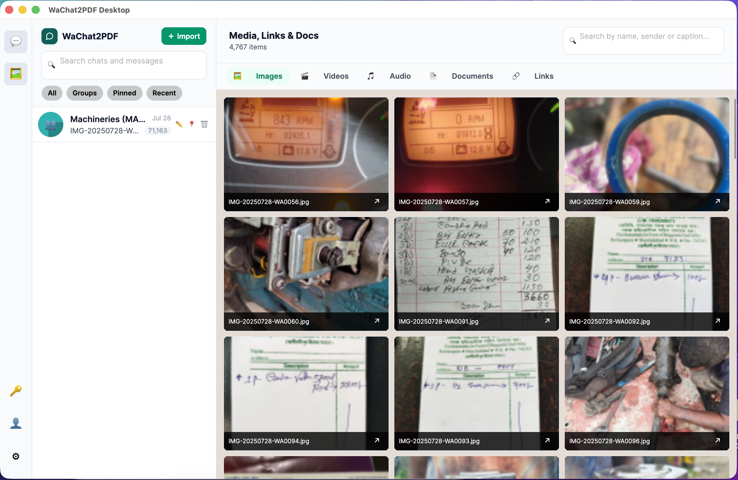 Media gallery of photos and videos extracted from a WhatsApp chat export