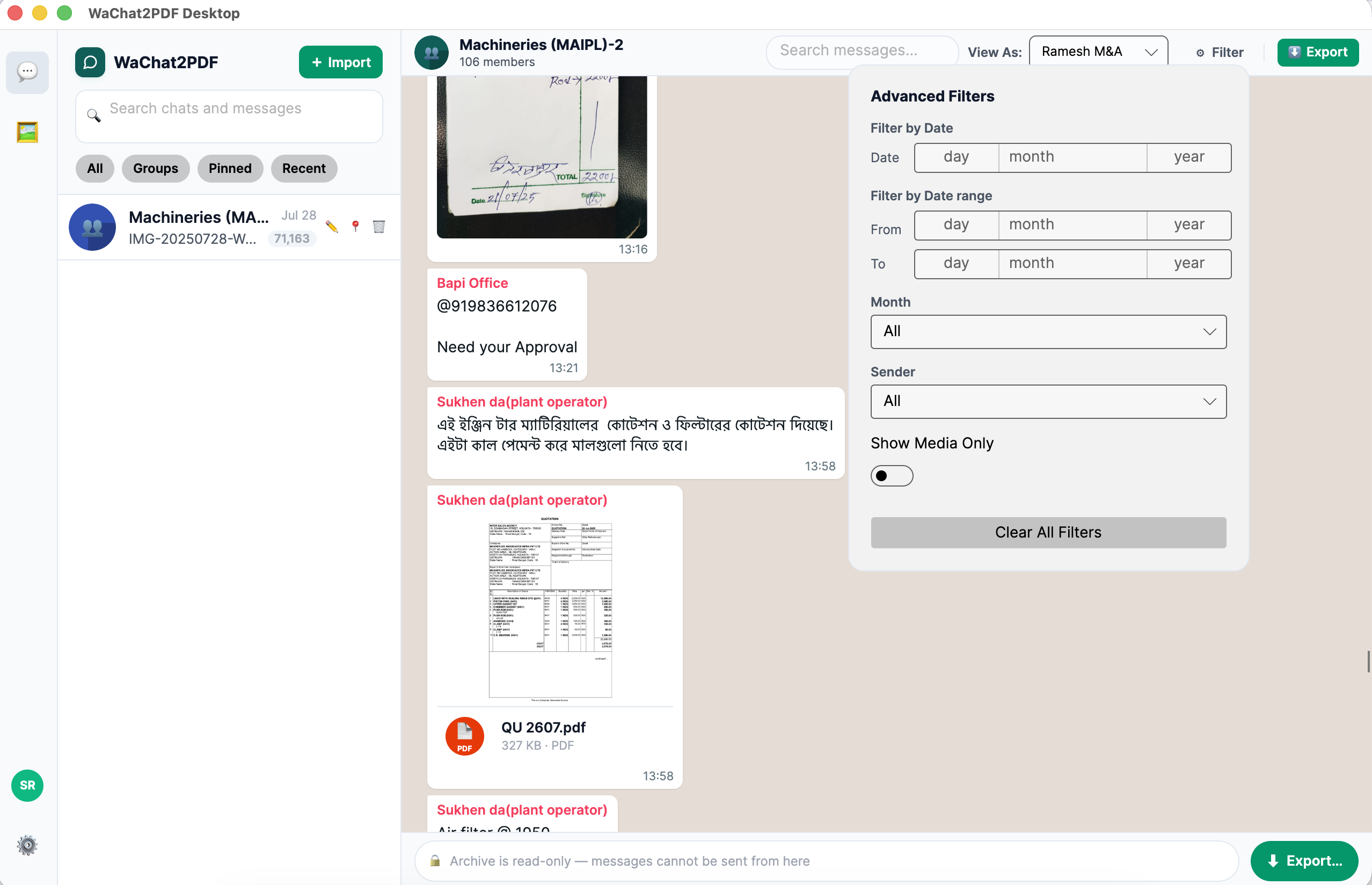 WaChat2PDF desktop search and filter features