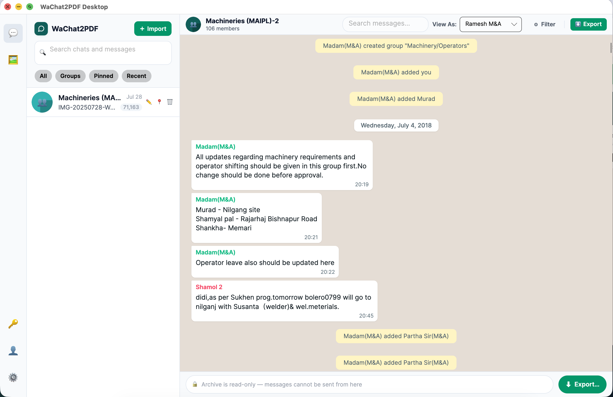 WaChat2PDF desktop app converting a WhatsApp chat export to PDF and HTML
